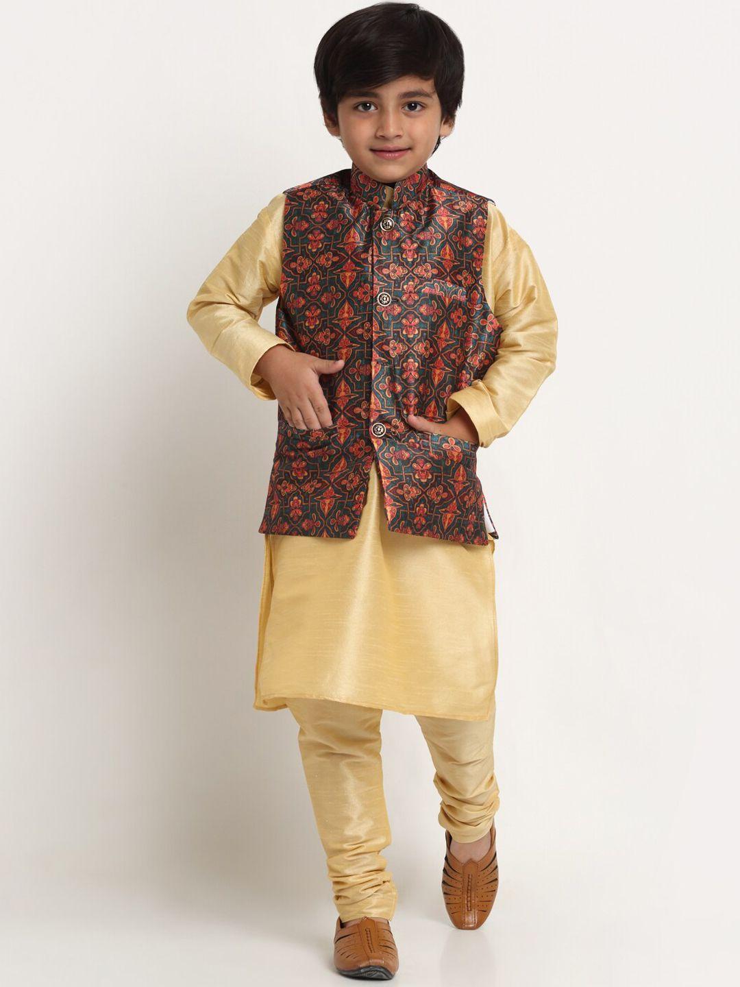 benstoke boys beige & teal solid straight kurta with churidar & with printed nehru jacket