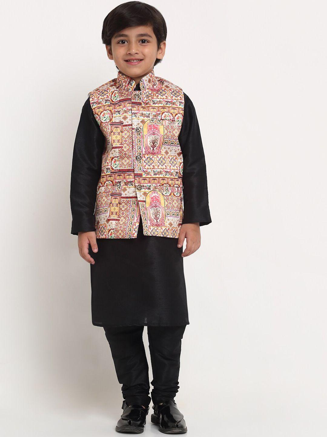 benstoke boys black & pink ethnic motifs printed kurta churidar with nehru jacket