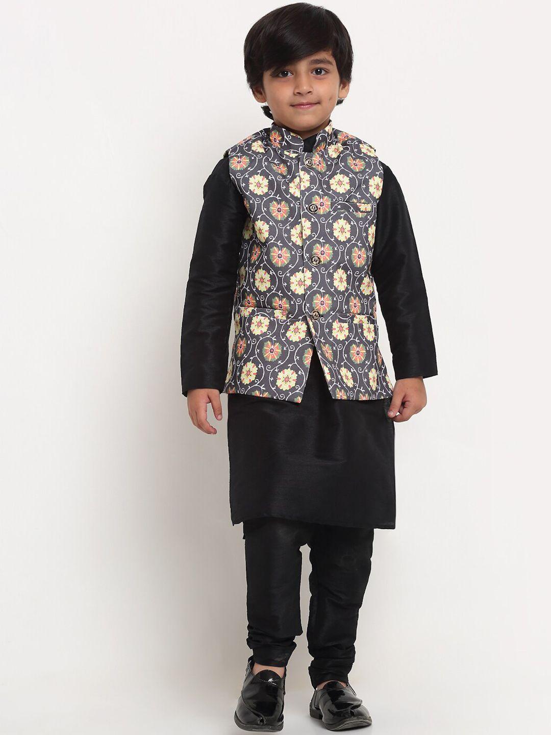 benstoke boys black floral printed kurta with churidar & with nehru jacket