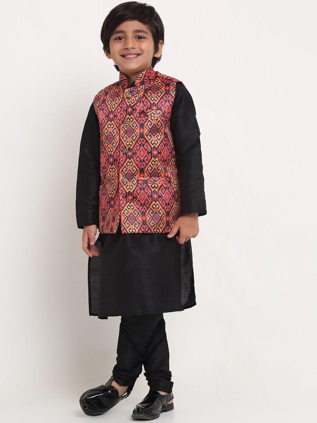 benstoke boys black kurta with churidar & with nehru jacket