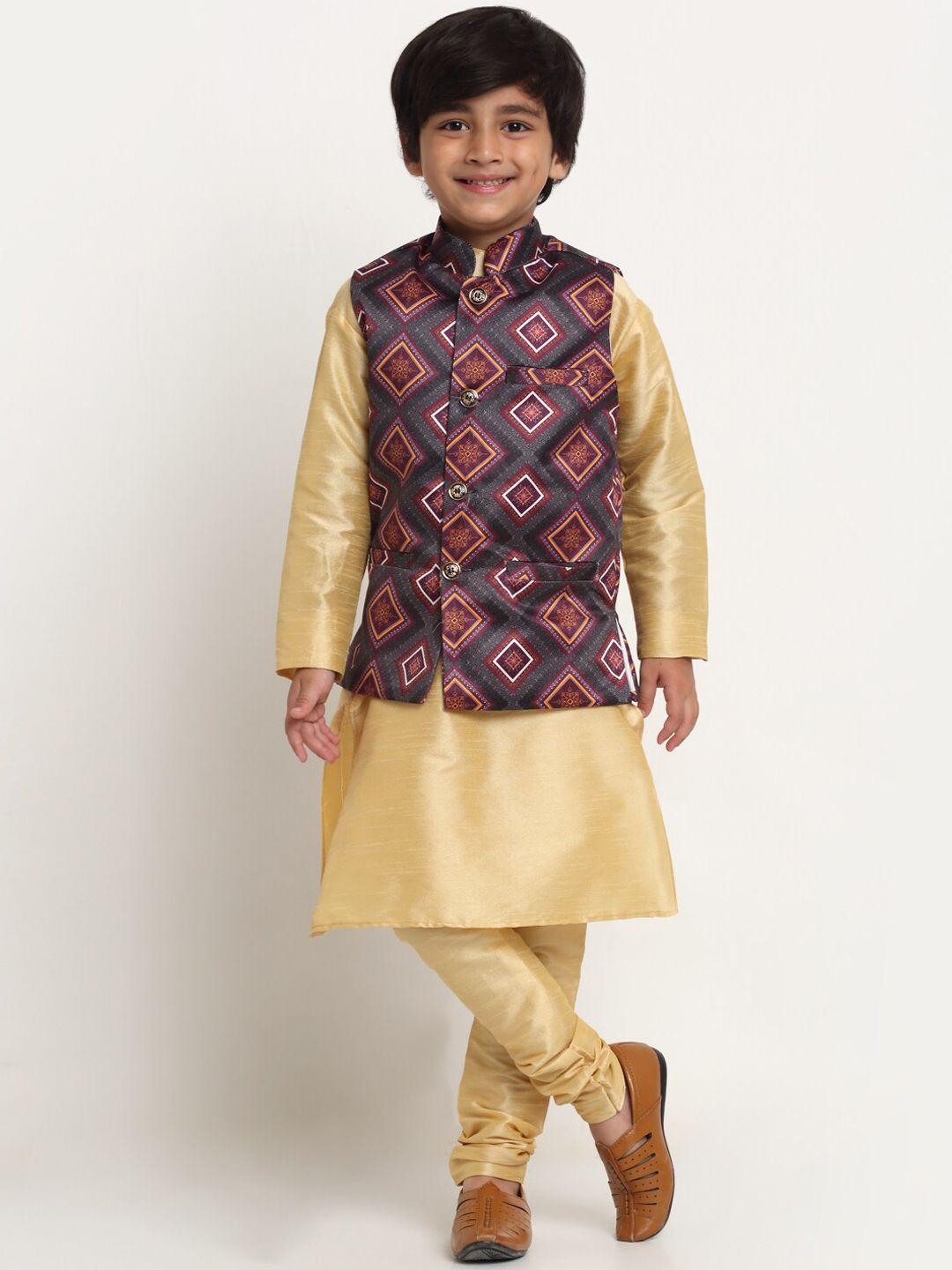 benstoke boys gold-toned printed kurta with churidar& with nehru jacket