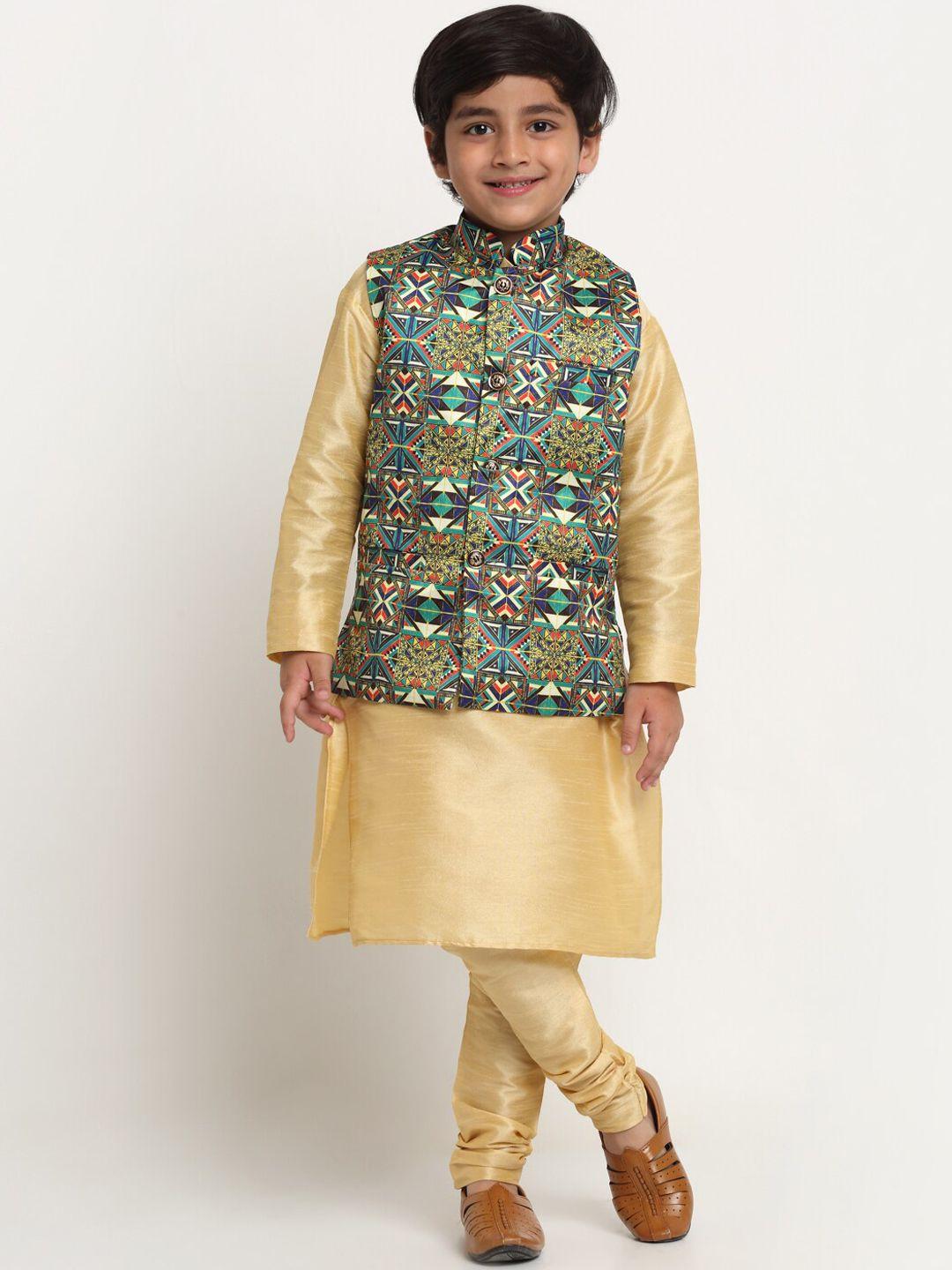 benstoke boys gold-toned printed kurta with churidar & with nehru jacket