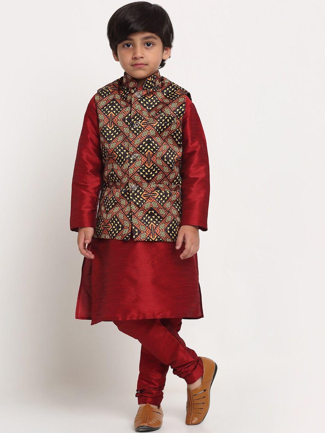 benstoke boys maroon & black straight kurta with churidar & with printed nehru jacket