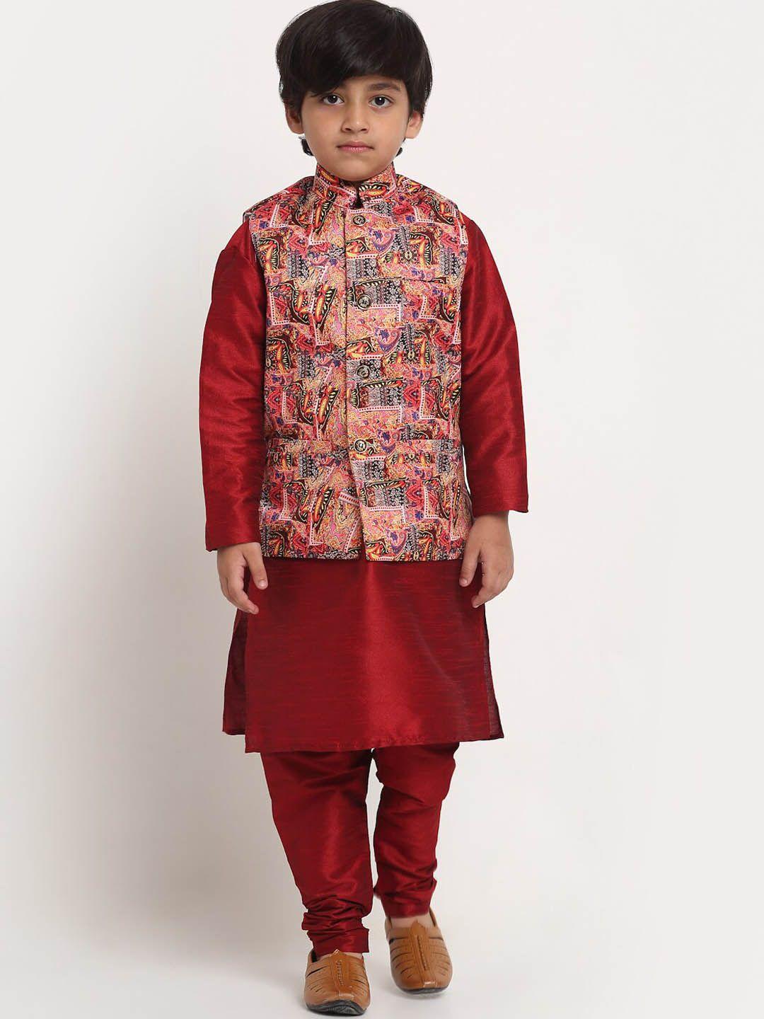 benstoke boys maroon & pink ethnic motifs printed kurta with churidar & with nehru jacket