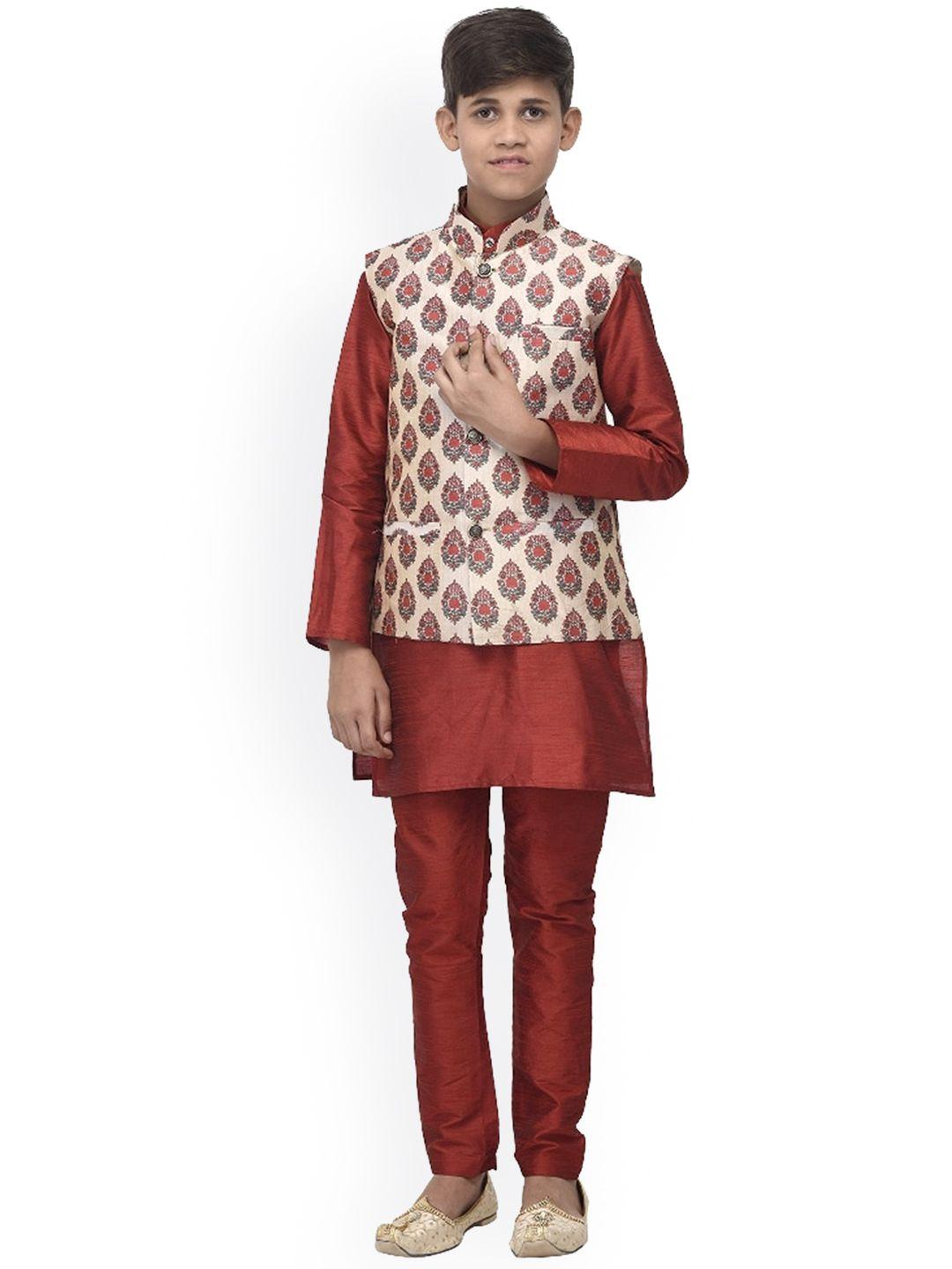 benstoke boys maroon ethnic motifs printed kurta with pyjamas