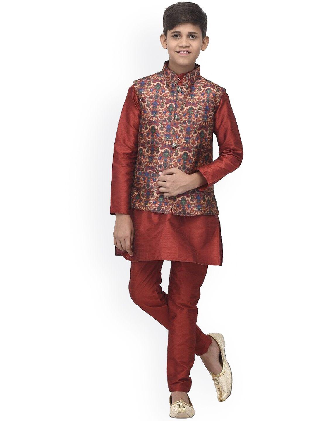 benstoke boys maroon kurta with churidar & ethnic motifs printed nehru jacket