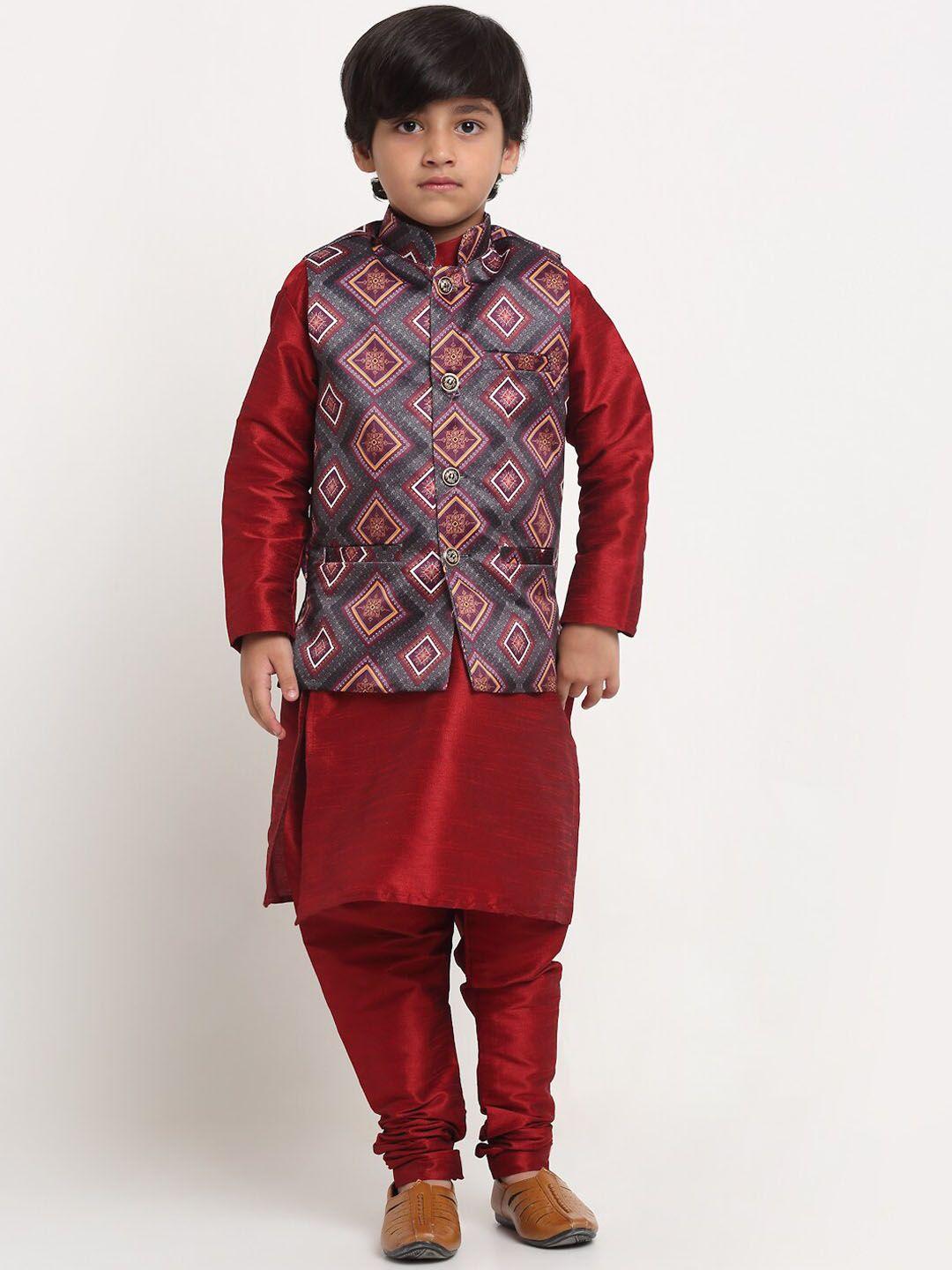benstoke boys maroon kurta with churidar & printed nehru jacket set