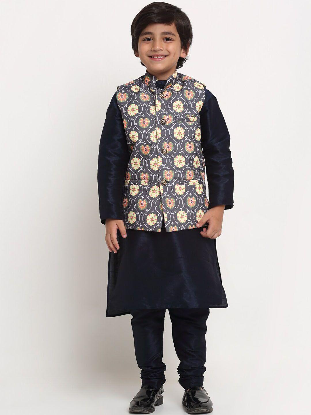 benstoke boys navy blue & grey  kurta & churidar with printed nehru jacket
