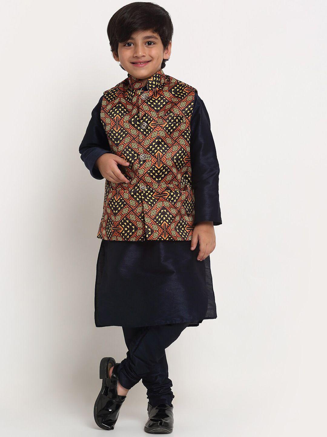 benstoke boys navy blue printed kurta with pyjama and nehru jacket set