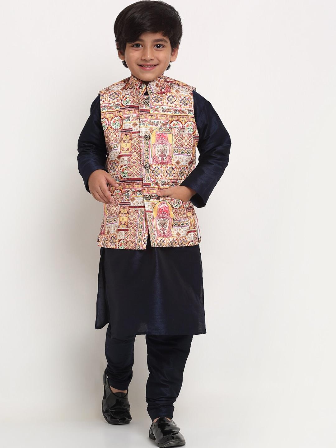 benstoke boys navy blue solid silk blend straight kurta with churidar & nehru jacket
