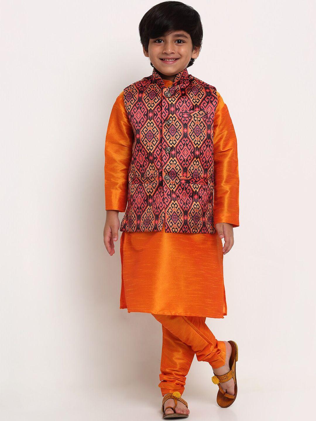 benstoke boys orange & rust printed kurta with churidar & with nehru jacket