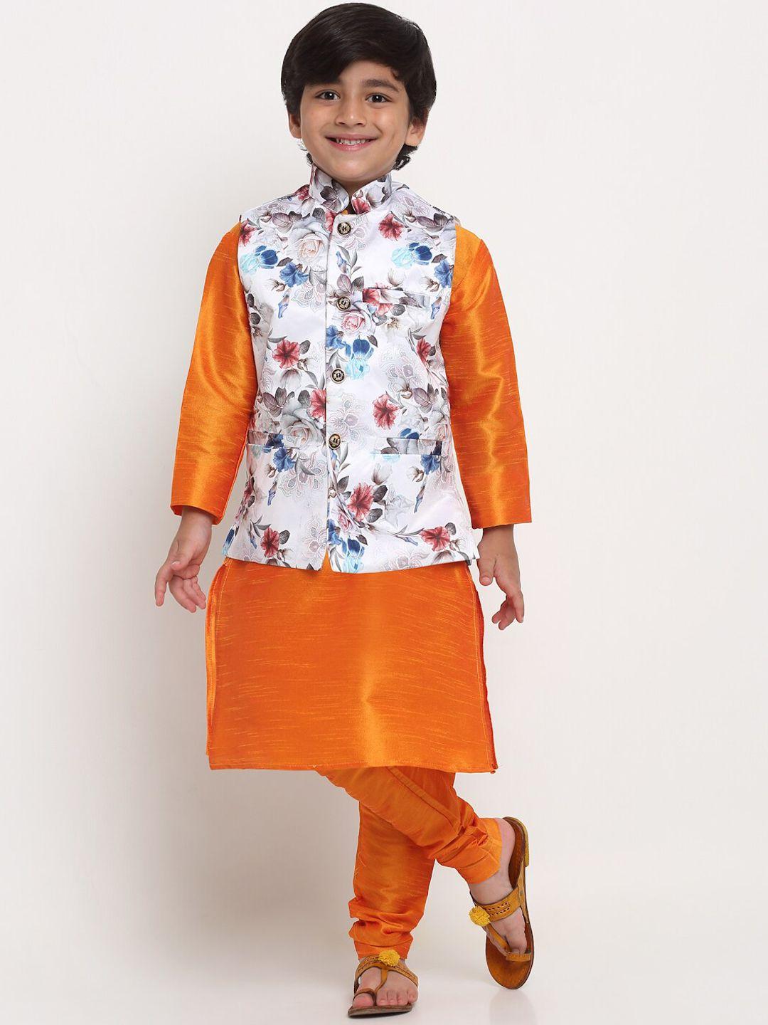 benstoke boys orange floral printed kurta churidar with nehru jacket