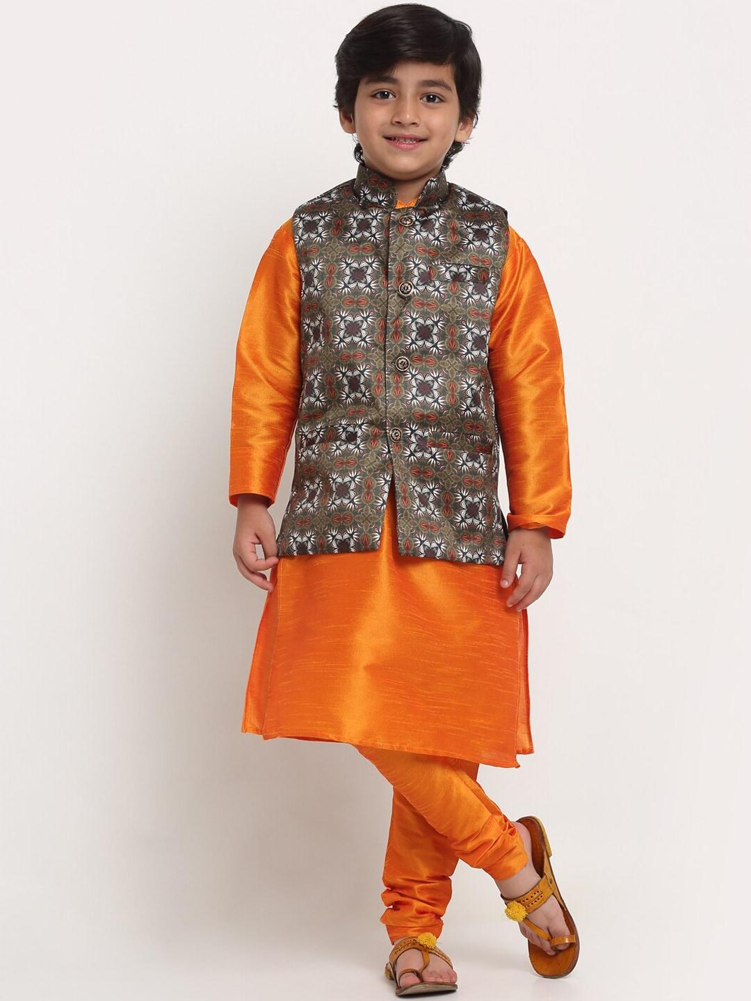 benstoke boys orange printed kurta with churidar & nehru jacket set