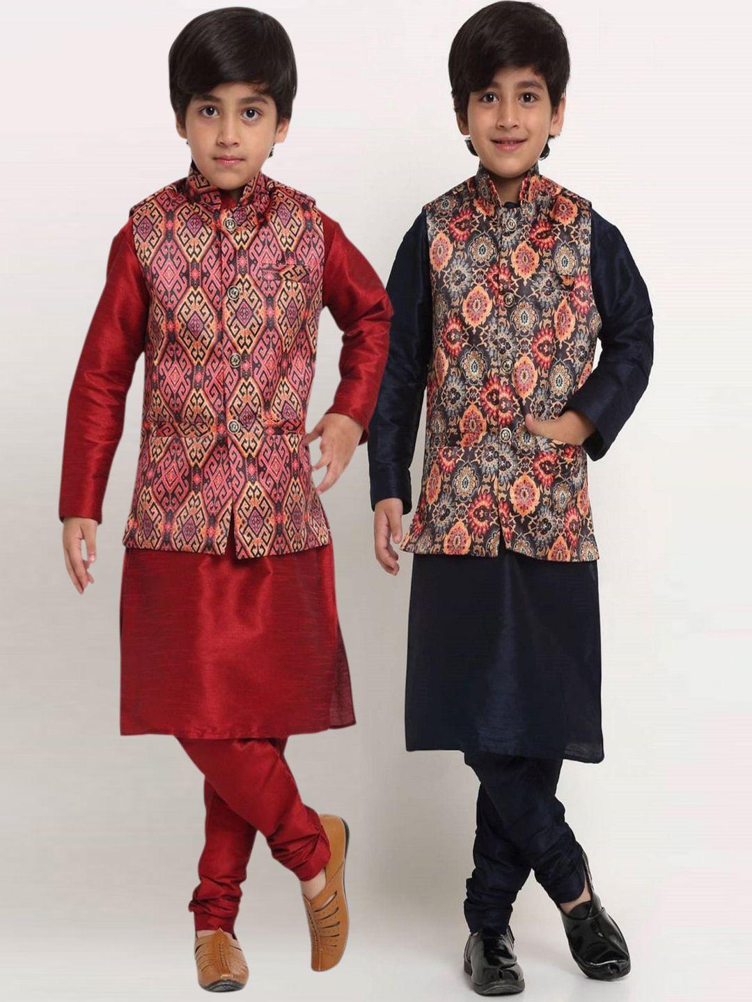 benstoke boys pack of 2 kurtas with churidar & printed nehru jacket