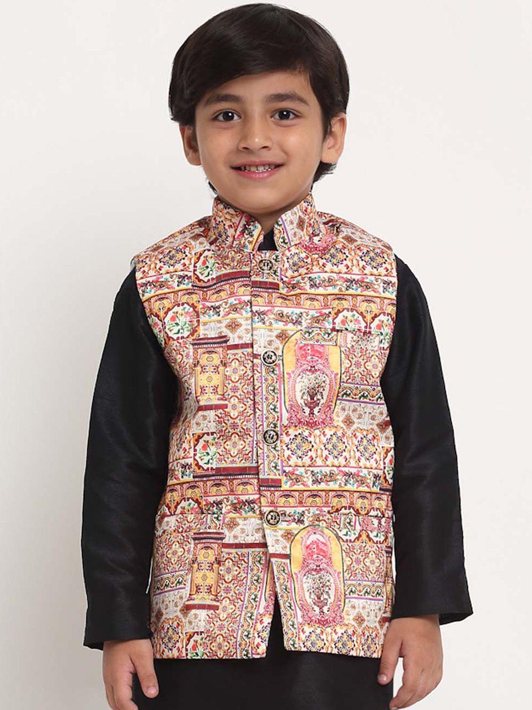 benstoke boys pink & yellow woven printed nehru jacket