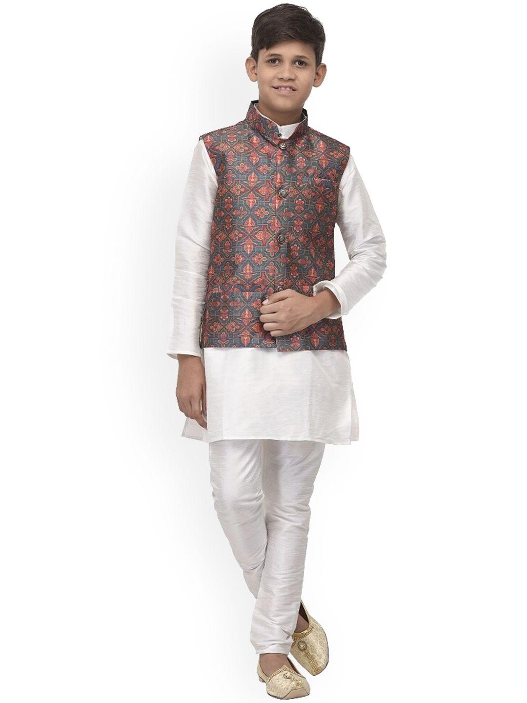 benstoke boys white ethnic motifs kurti  trousers with nehru jacket