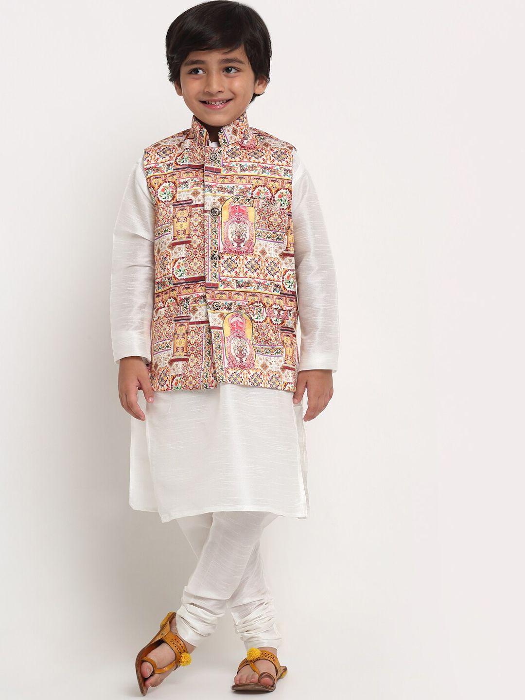 benstoke boys white kurta with pyjama with printed nehru jacket