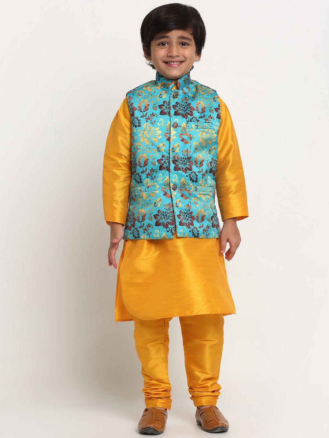 benstoke boys yellow & sea green straight kurta with churidar & with printed nehru jacket