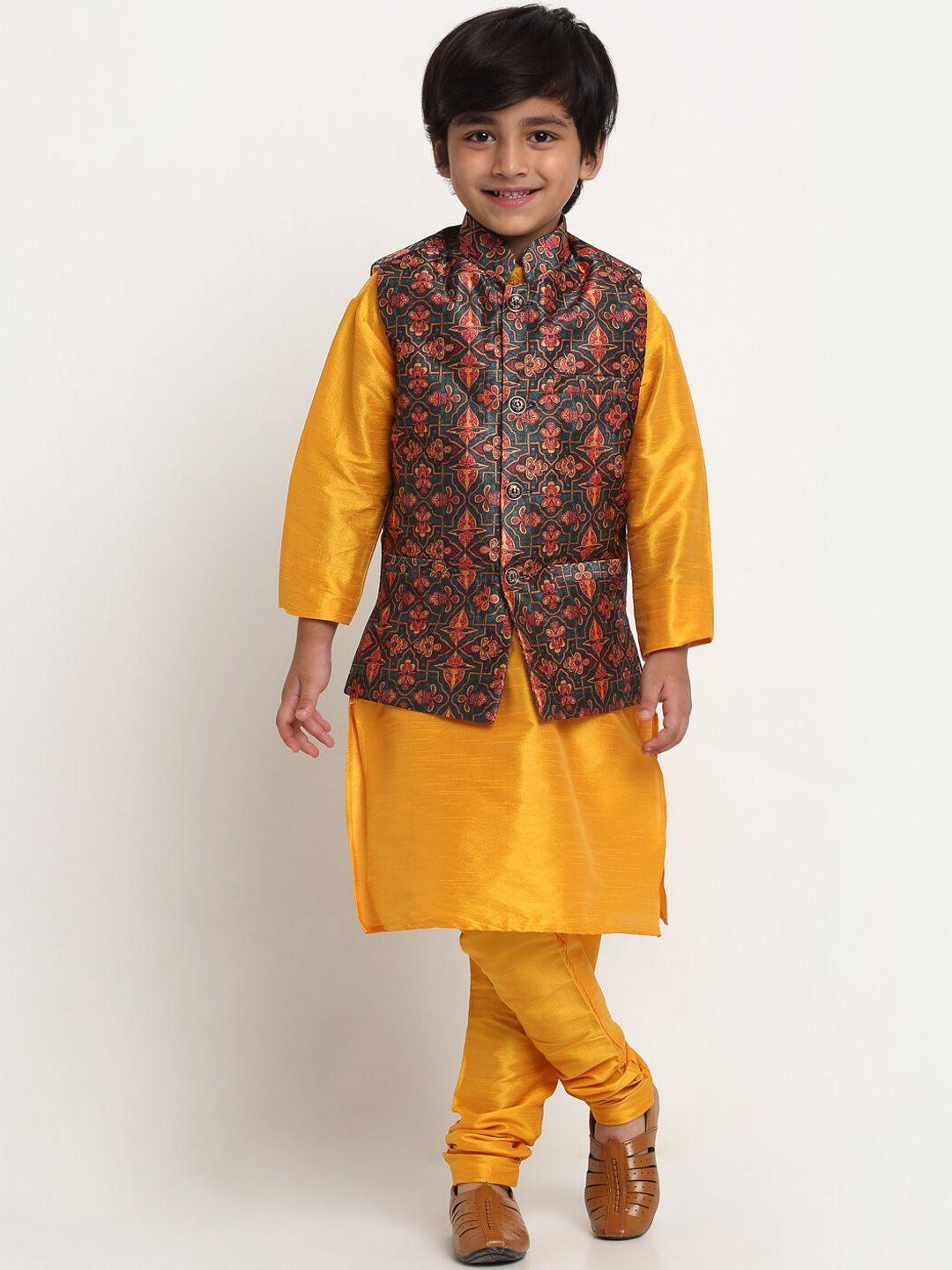 benstoke boys yellow printed kurta with churidar with nehru jacket