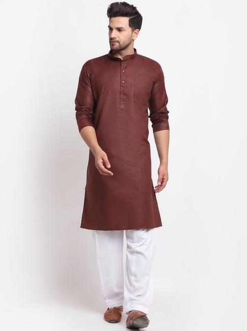 benstoke brown & white cotton regular fit kurta set