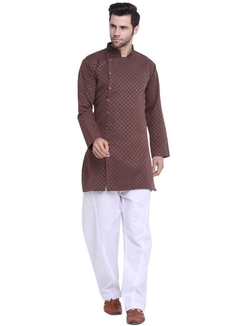 benstoke brown & white regular fit geometric print angrakha kurta & pyjamas set