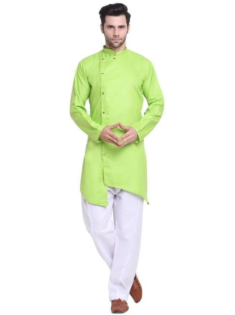 benstoke green & white regular fit asymmetric kurta & pyjamas set