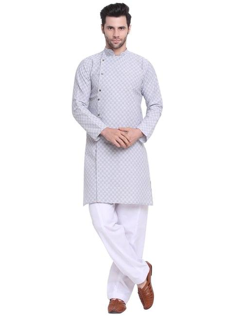 benstoke grey & white regular fit geometric print angrakha kurta & pyjamas set