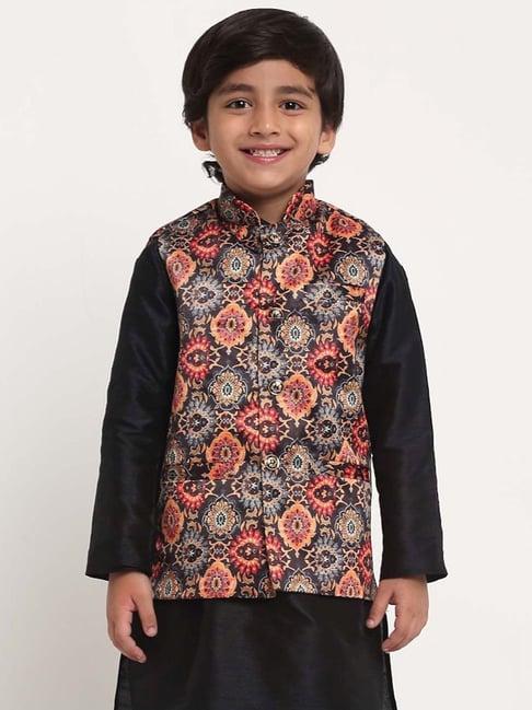 benstoke kids black & orange printed nehru jacket