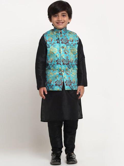 benstoke kids black & sea green floral print full sleeves kurta set