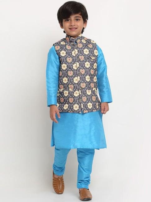 benstoke kids blue & black floral print full sleeves kurta set