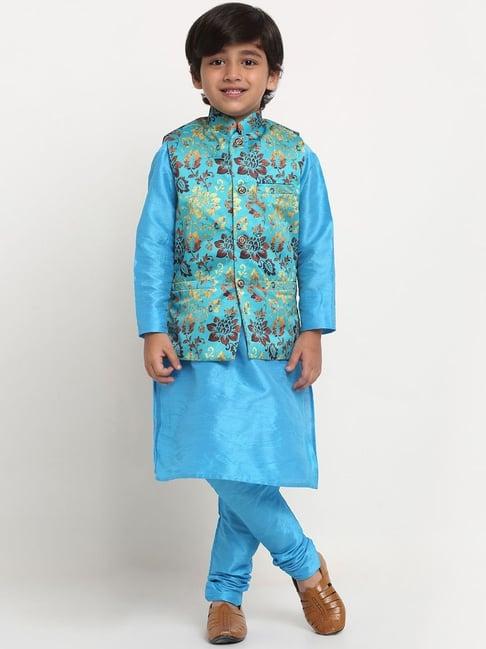 benstoke kids blue & sea green printed full sleeves kurta set