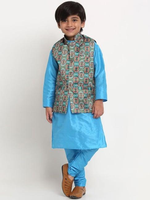 benstoke kids blue & teal printed full sleeves kurta set