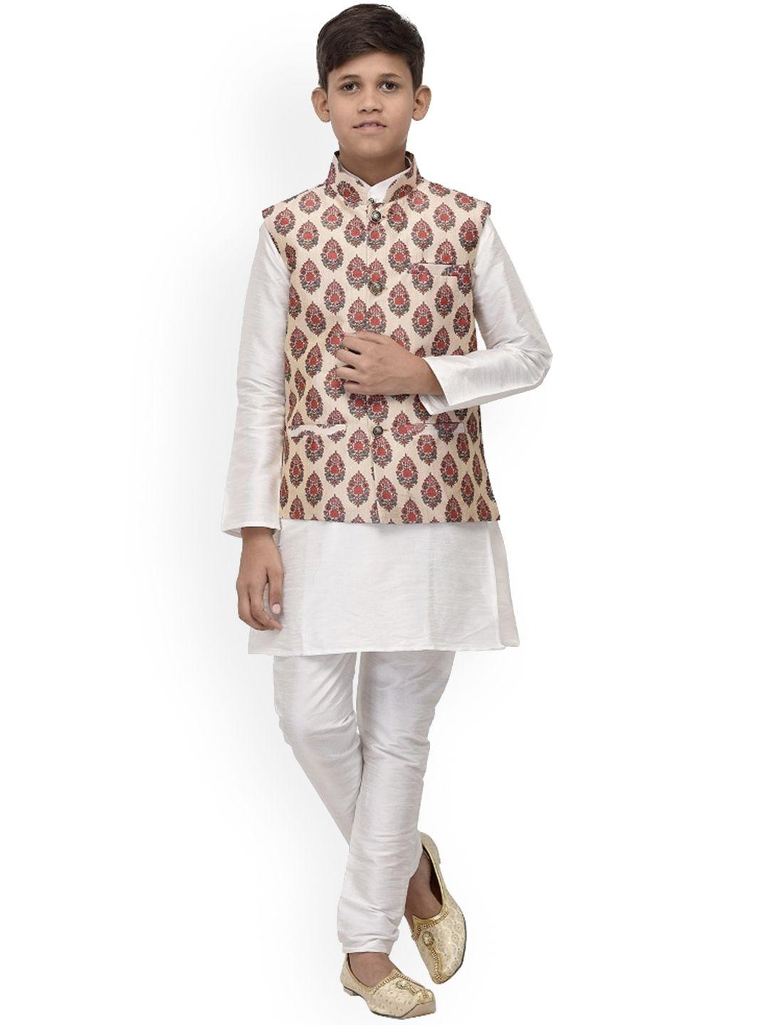 benstoke kids-boys white floral printed kurta with churidar and nehru jacket