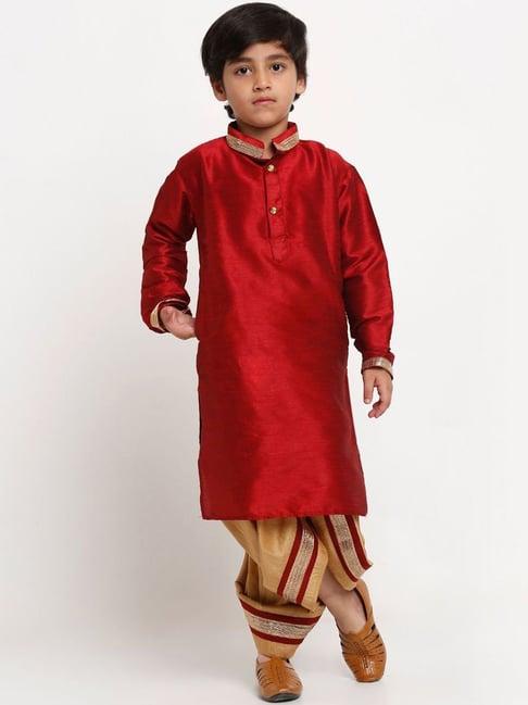 benstoke kids maroon & gold regular fit full sleeves kurta set