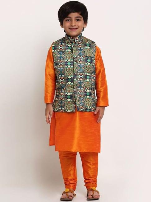 benstoke kids mustard yellow & green printed full sleeves kurta set