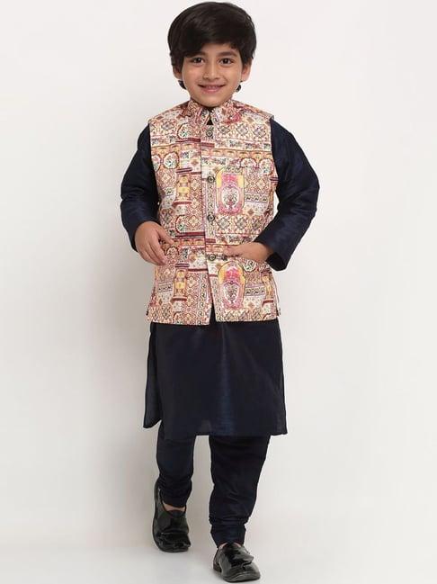 benstoke kids navy & pink printed full sleeves kurta set