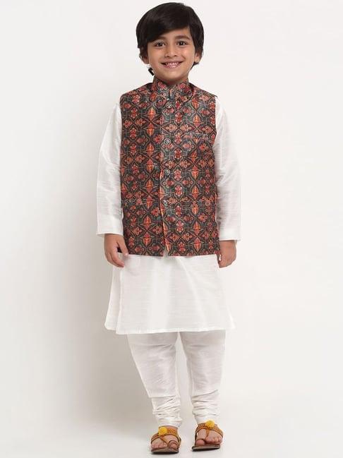 benstoke kids white & green printed full sleeves kurta set