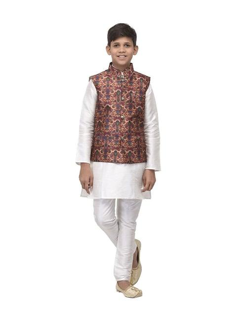 benstoke kids white & maroon printed full sleeves kurta set
