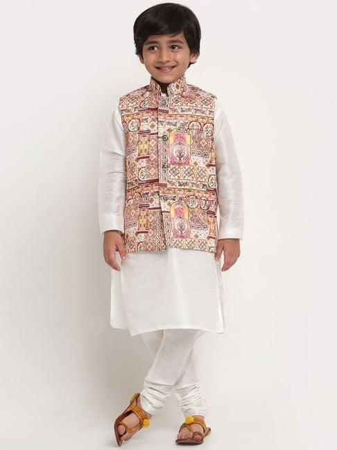 benstoke kids white & pink printed full sleeves kurta set