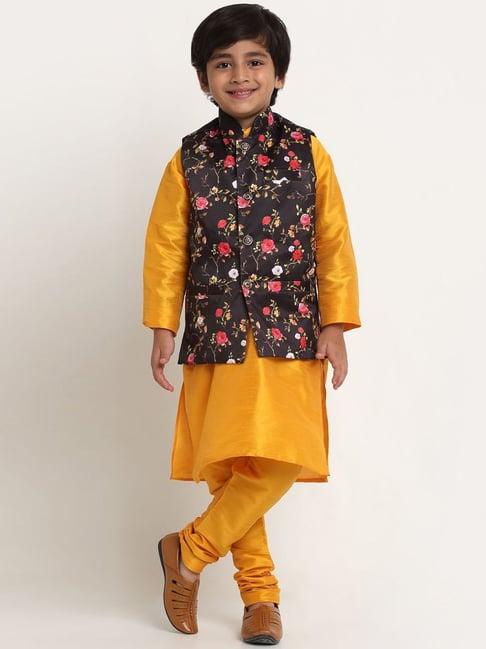 benstoke kids yellow & black floral print full sleeves kurta set