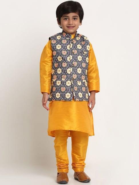 benstoke kids yellow & black floral print full sleeves kurta set