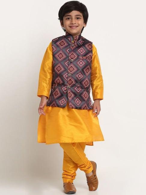 benstoke kids yellow & charcoal grey printed full sleeves kurta set
