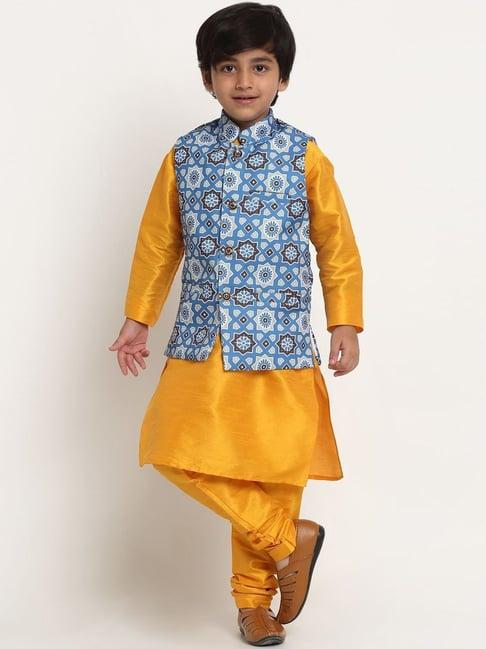 benstoke kids yellow & indigo blue printed full sleeves kurta set