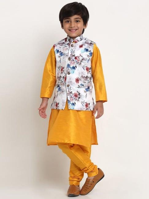 benstoke kids yellow & white floral print full sleeves kurta set