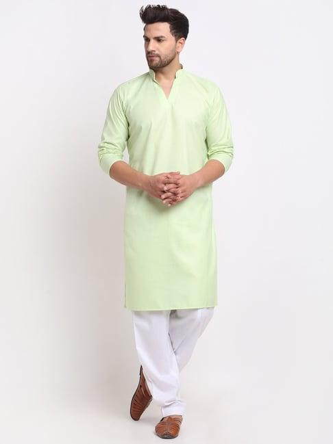 benstoke lime green & white cotton regular fit kurta set