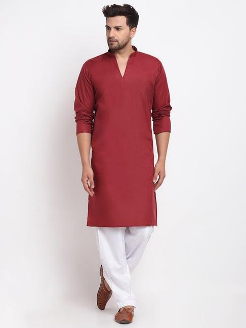 benstoke maroon & white cotton regular fit kurta set