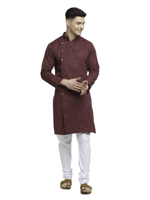 benstoke maroon & white cotton regular fit self pattern kurta bottom sets