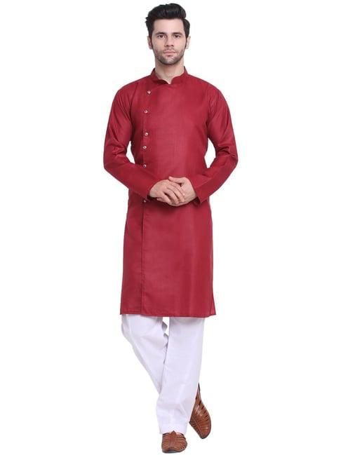 benstoke maroon & white regular fit angrakha kurta & pyjamas set