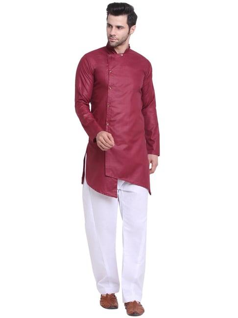 benstoke maroon & white regular fit asymmetric kurta & pyjamas set