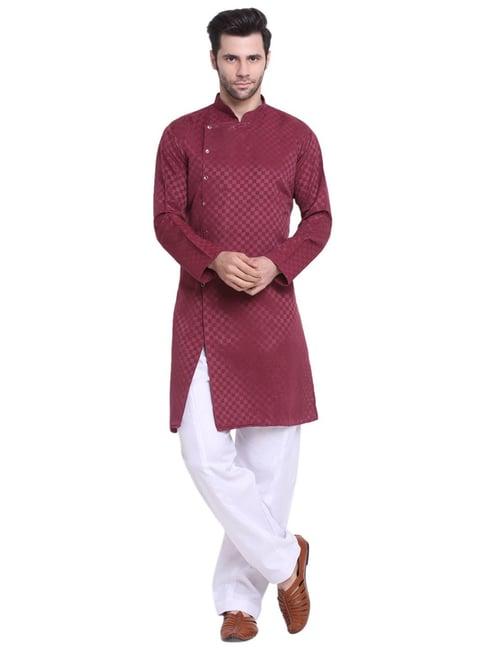 benstoke maroon & white regular fit geometric print angrakha kurta & pyjamas set